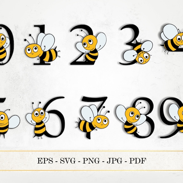 Bumble Bee Numbers SVG,  Cartoon Digital Figures, Eps, Svg, Dxf, Png, Jpg, Pdf, Cutting Files SI0071