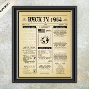 Back in 1954, Vintage  Flashback 1954, Newspaper Retro Poster, Printable Sign, What happened in 1954, Digital Decoration, Birthday Gift