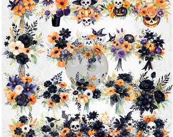 Watercolor Halloween Flowers Clipart, Black and Orange Floral PNG (Digital Download)
