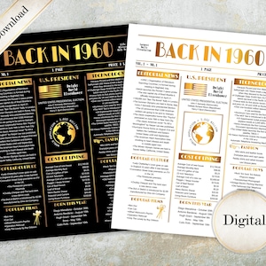 Puede incluir: Dos impresiones digitales en oro y negro, que se asemejan a un periódico de 1960. Los titulares y el texto son visibles. El título "Back in 1960" está en la parte superior. Una etiqueta circular dice "Digital".