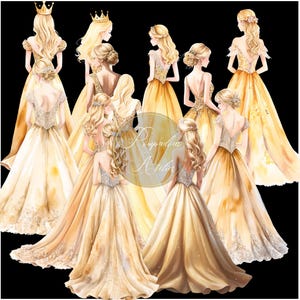 Gold Dress Blond Hair Girls, Watercolor Clipart, Back View Princess, Watercolor Golden Bridesmaid Sweet Sixteen Dress, Quinceanera PNG Files