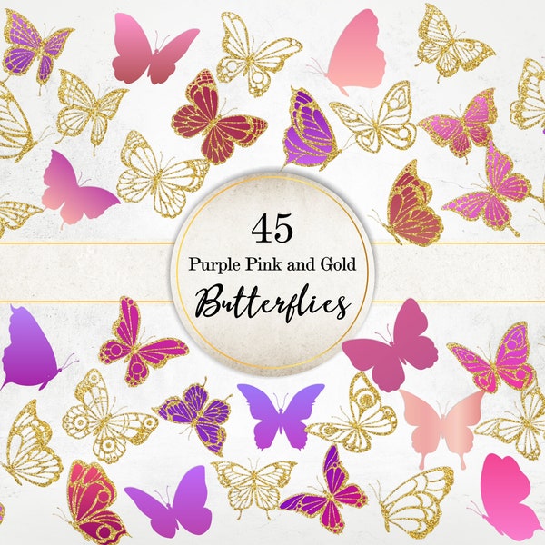 Purple, Pink and Gold Glitter Butterflies Image Pack, Lace Butterflies Clipart, Ephemera PNG Image Bundle SI0074