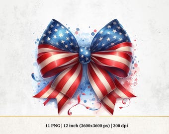 Watercolor American Flag Bow Clipart: Patriotic PNG (Digital Download)