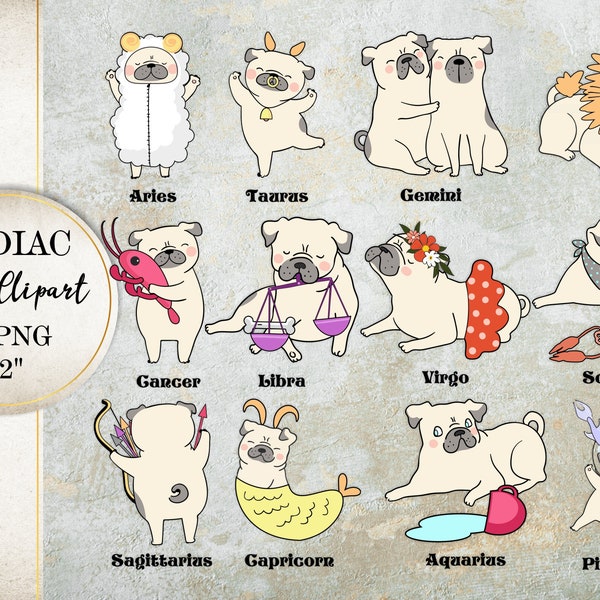 Zodiac Pug Clipart, Zodiac PNG,  Aries, Taurus, Gemini, Cancer, Leo, Virgo, Libra, Scorpio, Sagittarius, Capricorn, Aquarius, Pisces