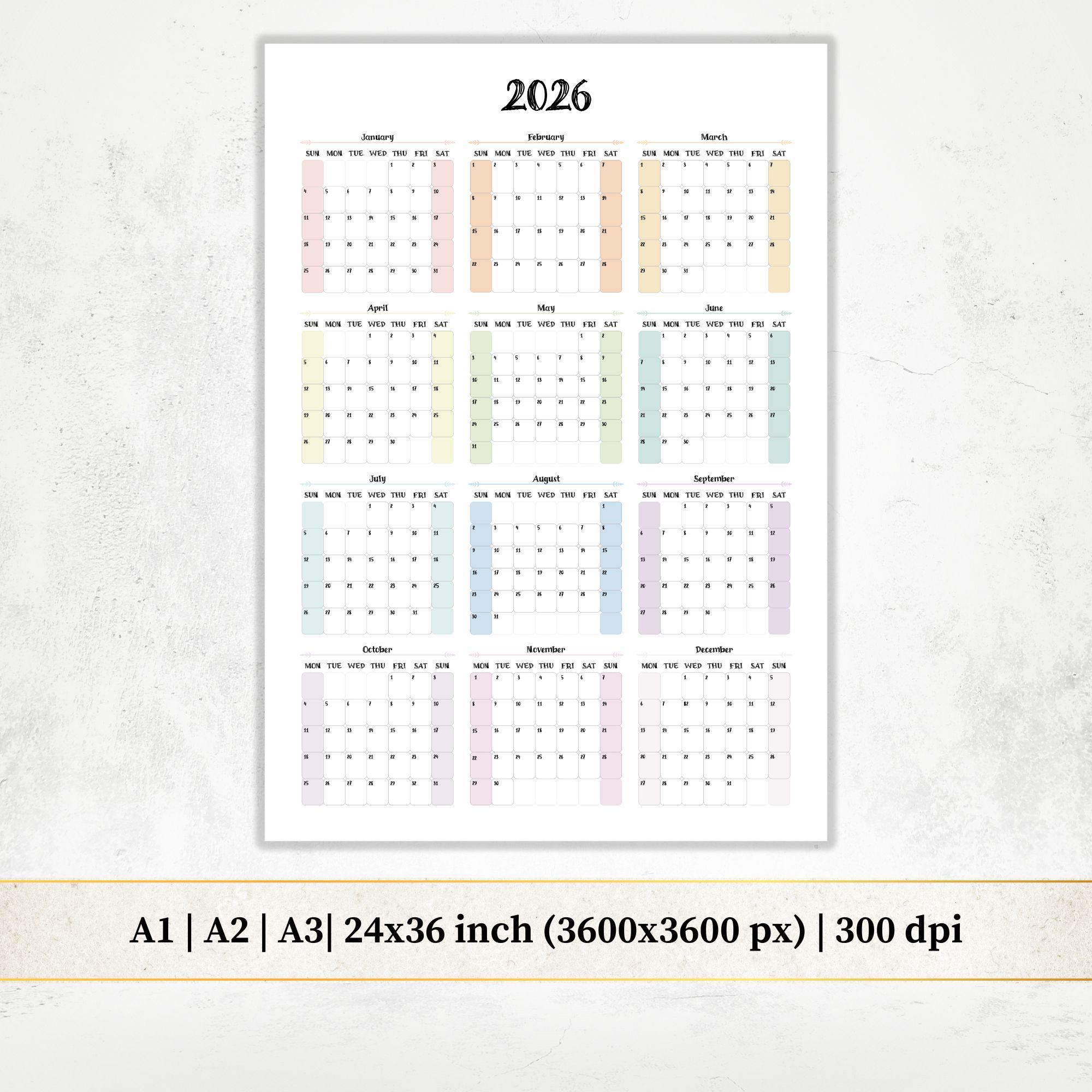 2026 Wall Calendar, Yearly Planner, Pastel Wall Art, Large Year at a ...