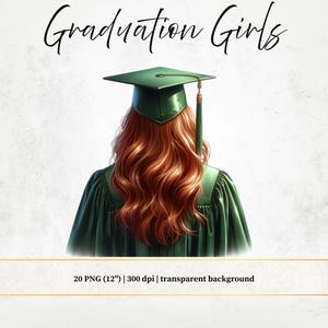 Chica graduada con diferentes tipos de cabello en acuarela, ilustración de una joven con un atuendo verde esmeralda, vista trasera, archivos PNG
