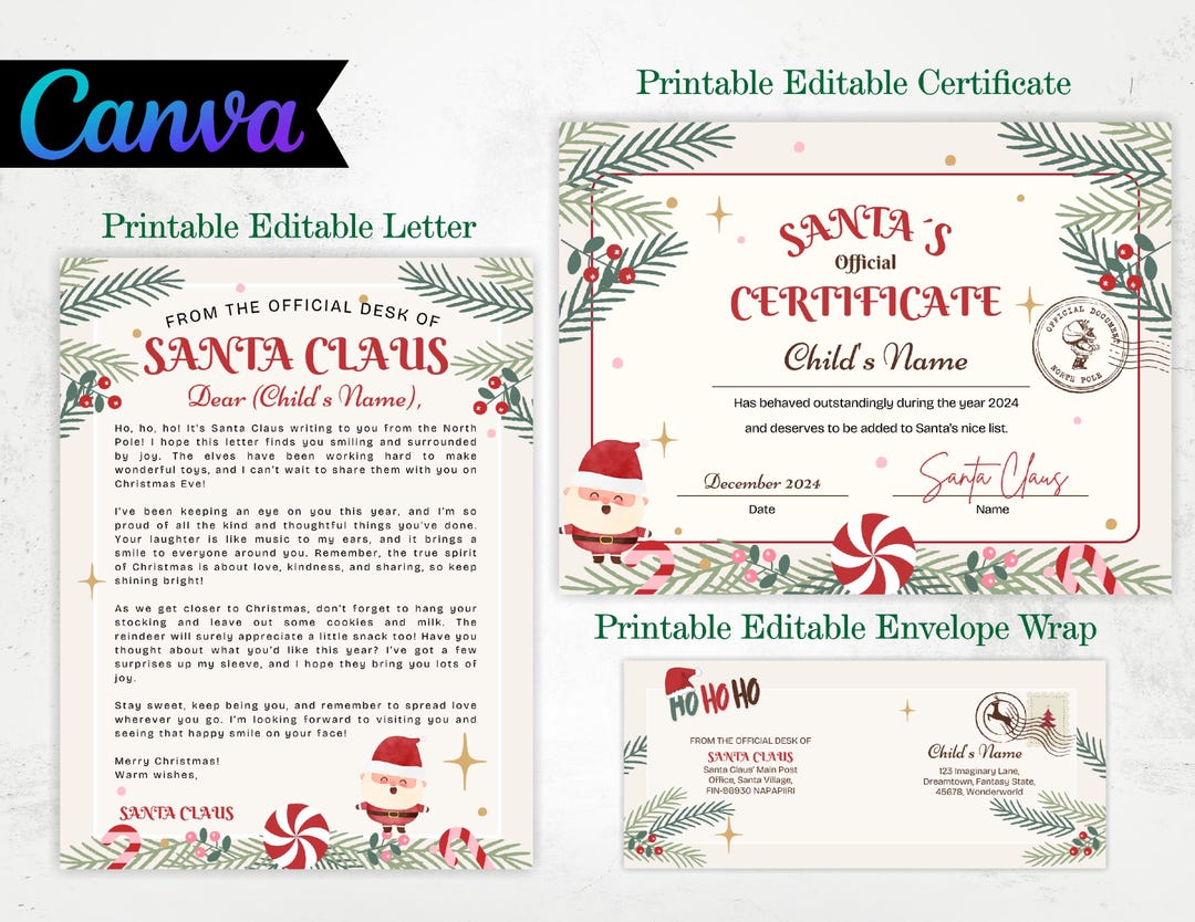 EDITABLE KIT: Official Letter From SANTA Claus, Nice List Certificate ...