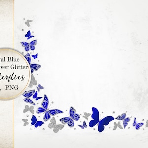 Hoek koningsblauwe en zilveren glittervlinders, Blue Flying Butterflies-afbeeldingssamenstelling, vlinders png, sprankelende vlinder SI0078