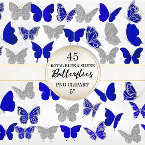 Pacchetto di immagini di farfalle glitterate blu reale e argento, clipart di farfalle di pizzo, PNG di farfalle blu reale, farfalla scintillante SI0078