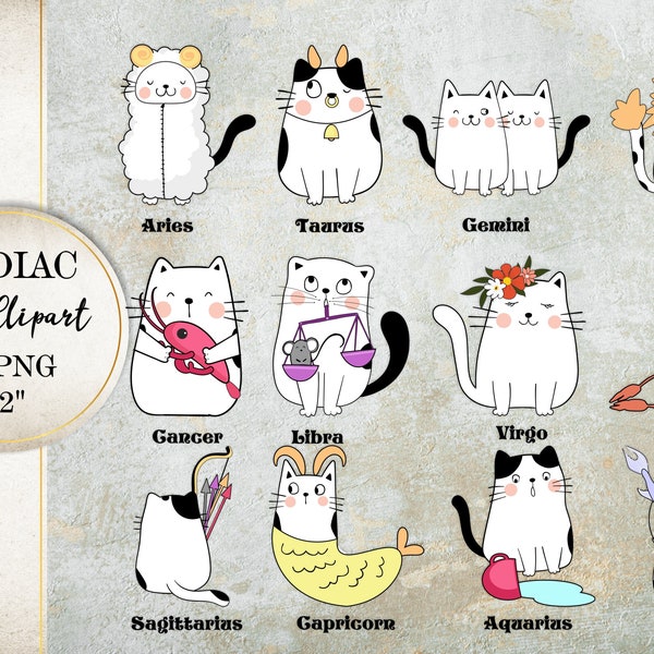 Zodiac Cute Cats Clipart, Zodiac PNG,  Aries, Taurus, Gemini, Cancer, Leo, Virgo, Libra, Scorpio, Sagittarius, Capricorn, Aquarius, Pisces