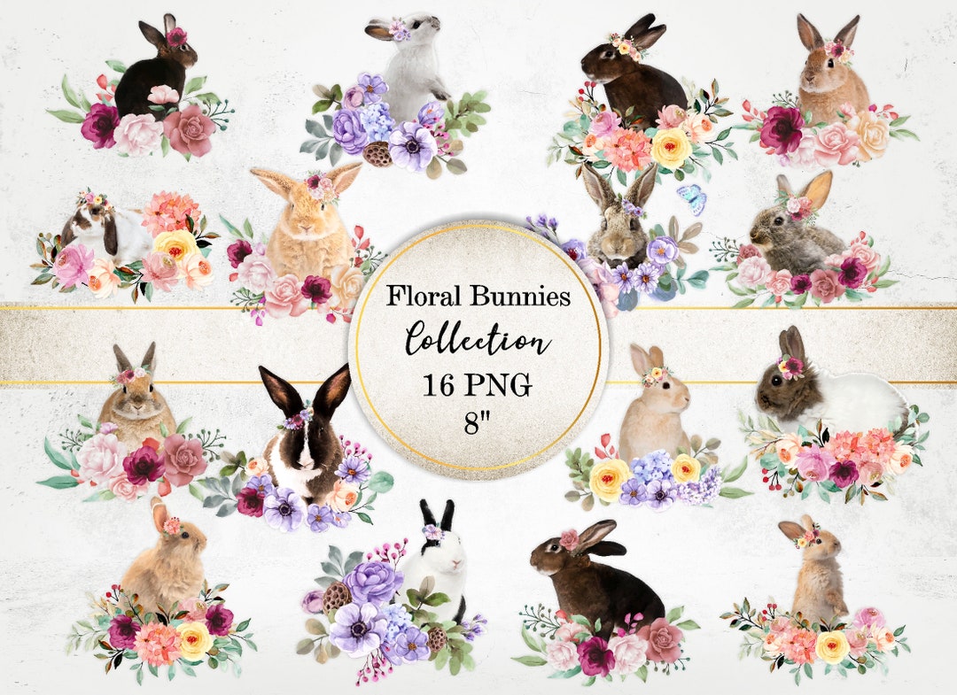 Floral Bunnies Clipart Collection, Spring Floral Digital Art Bunnies ...