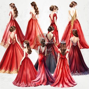 Vestido vermelho princesa, vista traseira meninas de cabelo castanho, aquarela natal madrinha doce dezesseis vestido, quinceanera PNG arquivos