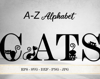 Cat Silhouette Alphabet SVG, Letters A-Z, Kitten Font (PNG, JPG)