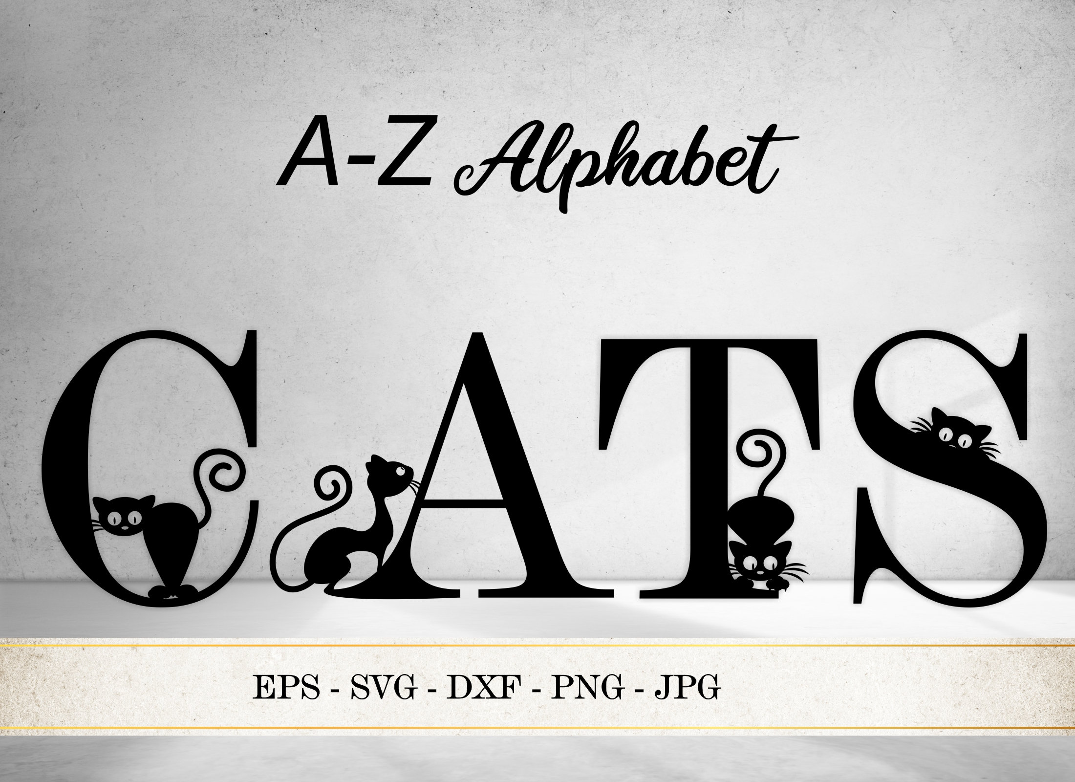 猫のシルエットアルファベット SVG、文字 A-Z、子猫フォント (PNG、JPG