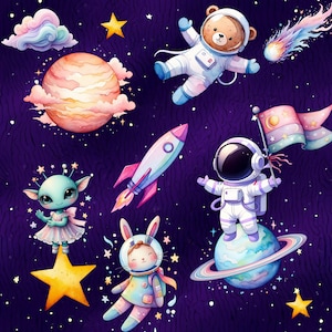 Clipart de niña espacial en acuarela, gráficos de planetas, bebé astronauta, clip art de cohetes, decoración infantil y de guardería