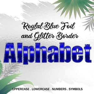 Koningsblauwe metalen letters en cijfers met blauwe glitterrand, digitale letters, cijfers en symbolen, png-afbeeldingen Clipart SI0035