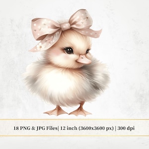 Acquerello Baby Duck con fiocco PNG, simpatici animali soffici Clipart, immagini artistiche per bambini, illustrazioni per baby shower, file di sublimazione