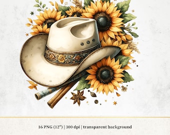 Stivali da cowgirl ad acquerello e clipart di girasole: pacchetto PNG western