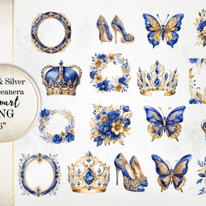 Royal Blue en Gold Quinceanera Elements Clipart, transparante PNG's, Quinceanera Clipart, bruidsman, Sweet Sixteen Clipart