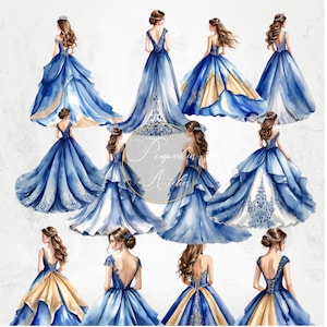 Royalblau Prinzessin Aquarell Clipart, braunes Haar Rückansicht Frauen, Aquarell blau Brautjungfer Sweet Sixteen Kleid, PNG Dateien