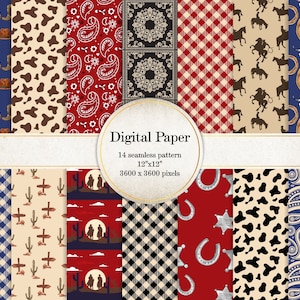 Cowboy Digital Paper Pack, Seamless Pattern, Wild West Scrapbook Paper, Western Background, Rodeo Cowboy SI0045