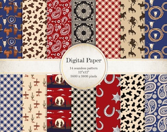 Wild West Digital Paper Pack: Cowboy Rodeo Seamless Patterns (Digital Download)