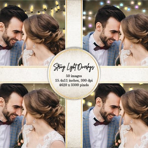 May include: A digital product featuring four images of a couple, overlaid with string light effects. The images include a man and woman, with the text "String Light Overlays" and details about the product's dimensions and resolution.