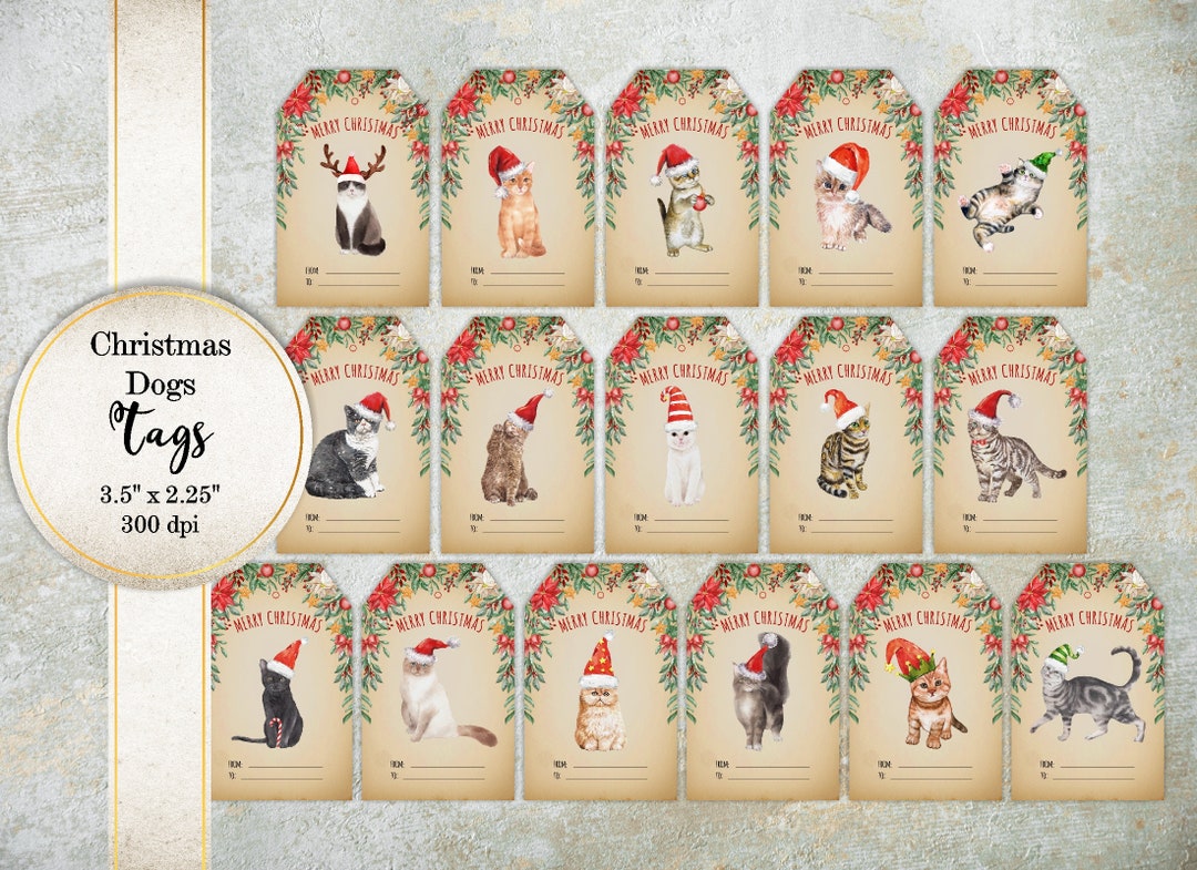 Vintage Christmas Cats Gift Tags, Printable Holiday Labels (PDF & PNG ...
