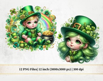 Akwarelowa dziewczynka skrzat clipart, do druku fantasy dla dzieci w formacie PNG, uroczy dekoracyjny wydruk artystyczny do pobrania w wersji cyfrowej, dzień św. Patryka w formacie PNG