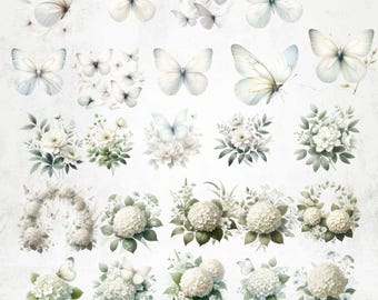 Pacchetto di clipart di farfalle bianche e ortensie: immagini PNG floreali (download digitale)