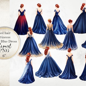 Royal Blue Princess aquarel clipart, rood haar achteraanzicht vrouwen, aquarel blauwe jurk Sweet Sixteen bruidsmeisje bruidsmeisje, png-bestanden