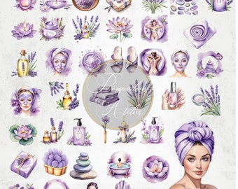 Watercolor Elements for Cosmetics and Beauty Salon, Light Purple Spa Clipart, PNG Graphics