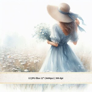 Images de fille de campagne bohème aquarelle, fille florale vue arrière dans des graphiques bleus, art de ferme de campagne vintage