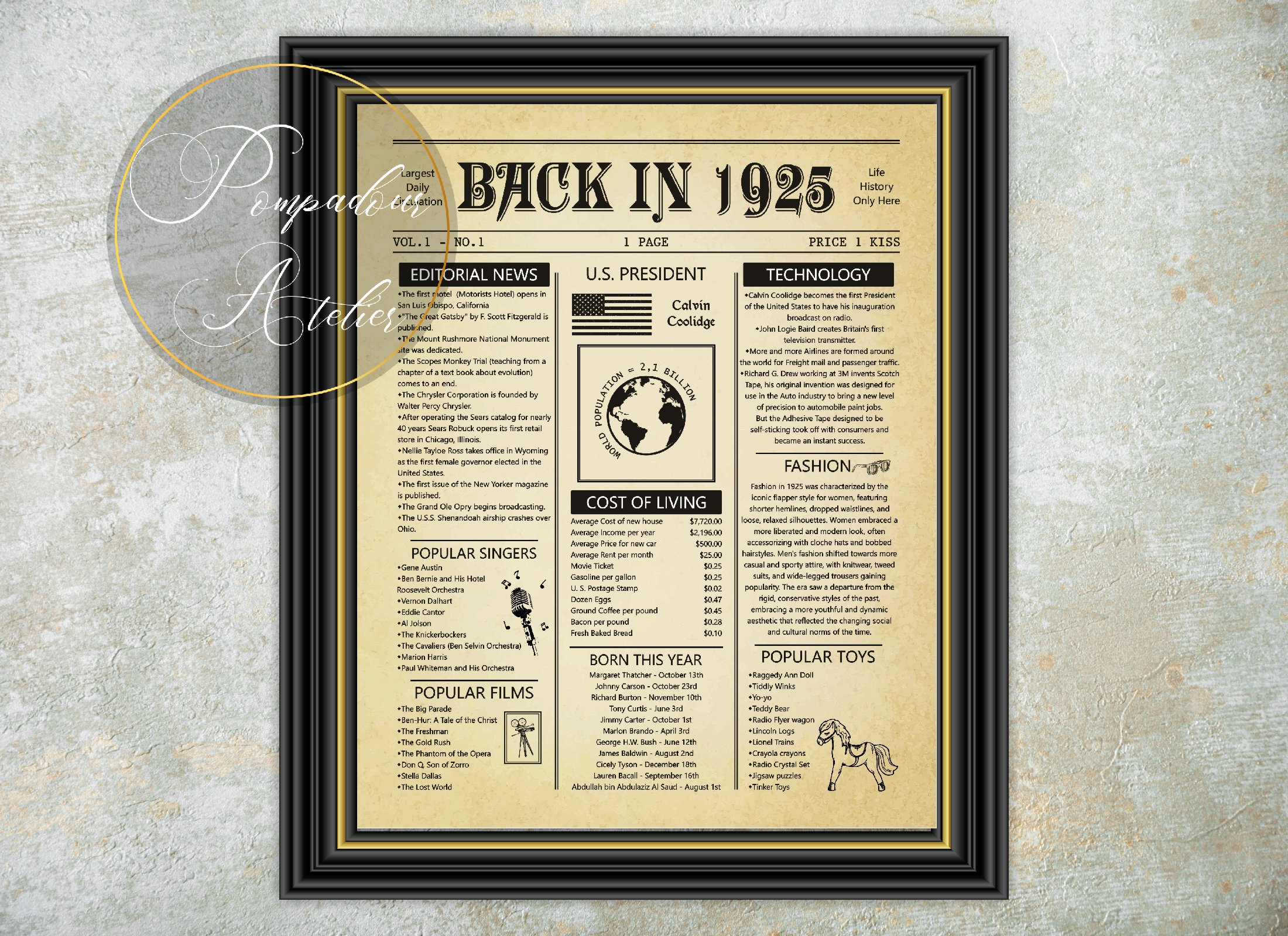 1925 Birthday Newspaper Poster: Printable Flashback Sign (digital ...