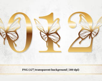 Gold Butterfly Numbers PNG, Sublimation Files (Digital Download)