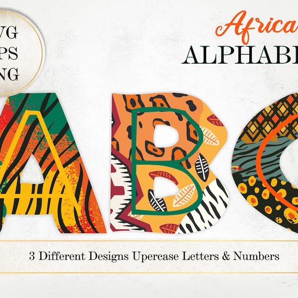 Africa Letters & Numbers SVG, Africa Alphabet, 3 Matching African Letters Clipart, Afro American Font Eps PNG Image, Cut Files Font SI0040
