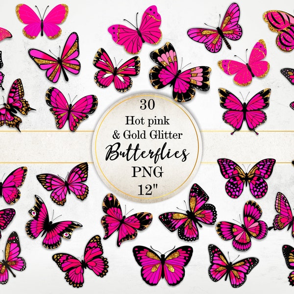 Hot Pink and Gold Glitter Butterflies, Magenta Butterflies Clipart, Fucsia Butterfly PNG Image, PNG Graphics, Sublimation