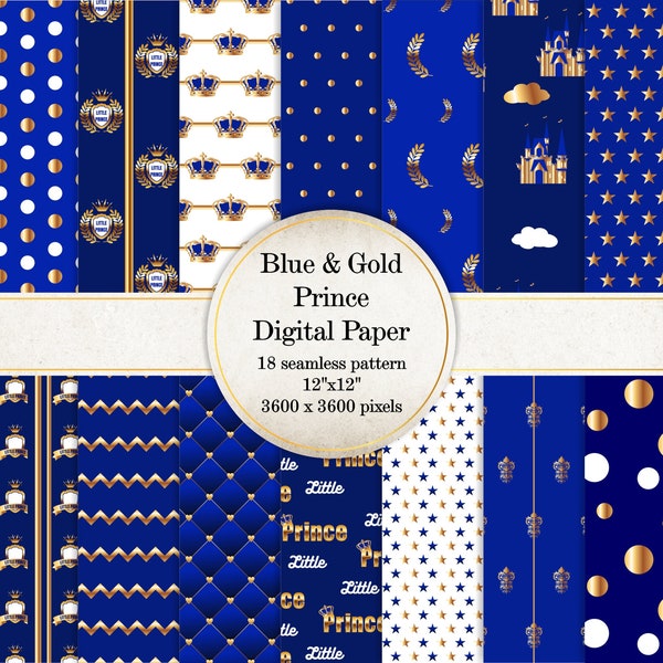 Royal Blue and Gold Little Prince Seamless Pattern, Digital Paper, Baby Boy Theme Background,  Baby Shower Backdrop SI0031