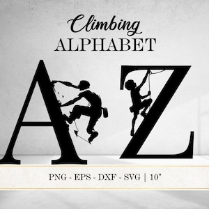 Op de afbeelding: Zwart silhouet van de letters A en Z met klimmers. Het woord "Climbing" staat boven de letters en "ALPHABET" eronder. De afbeelding bevat ook de tekst "PNG - EPS - DXF - SVG | 10".