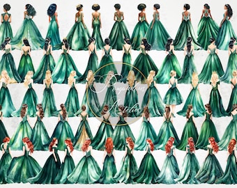 Smaragdgroene prinsesjurk aquarel clipart: groene bruidsmeisjesjurken (digitale download)