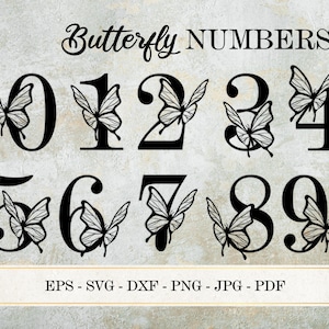 Números de borboleta SVG, Figuras 0-9 Monograma, Imagem PNG de números, Arquivos de corte de números de borboletas