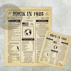 1925 Birthday Newspaper Poster: Printable Flashback Sign (digital ...