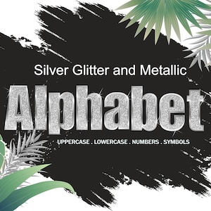 Silber Glitter und Metallic Alphabet Clipart, Silber Digital Letters Zahlen und Symbole, Silber Schrift PNG Bild, Schriftzug Grafiken SI0034