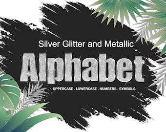 Silver Glitter Alphabet Clipart: Metallic Letters, Numbers, Symbols (PNG Image)