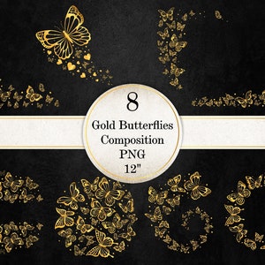 Gold Foil Butterfly Clipart: PNG Illustrations, Lace Design (Digital Download)
