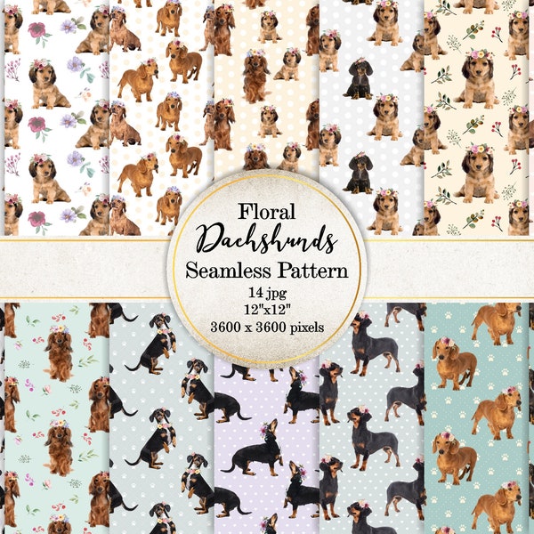 Dachshund Dogs with Flower Wreath Seamless Pattern, Digital Paper Pack, Teckel Theme Paper, Scrapbook Papers, SI0014