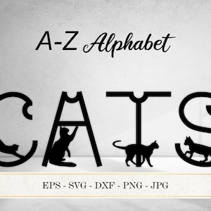 Alphabet décoratif chat SVG, lettres de silhouette de chat de A à Z, image PNG de police, lettrage de l'alphabet avec des chatons, sublimation de patte, fichiers de coupe