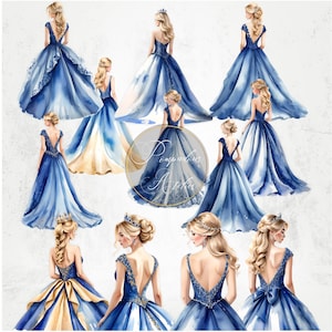 Koningsblauwe jurk aquarel clipart, blond haar achteraanzicht prinses, aquarel blauwe jurk Sweet Sixteen bruidsmeisje bruidsmeisje, png-bestanden