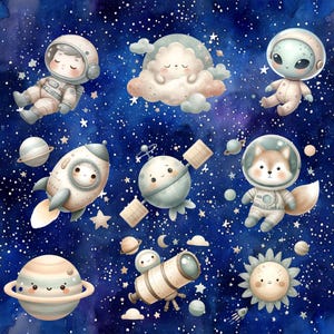 Imágenes prediseñadas de espacio neutro en acuarela, gráficos de planetas, astronauta bebé, imágenes prediseñadas de cohetes, decoración infantil y de guardería.