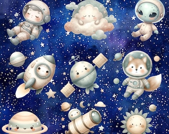 Aquarell Weltraum Clipart: Neutrale Planeten, Astronauten, Raketen (PNG Digital Download)